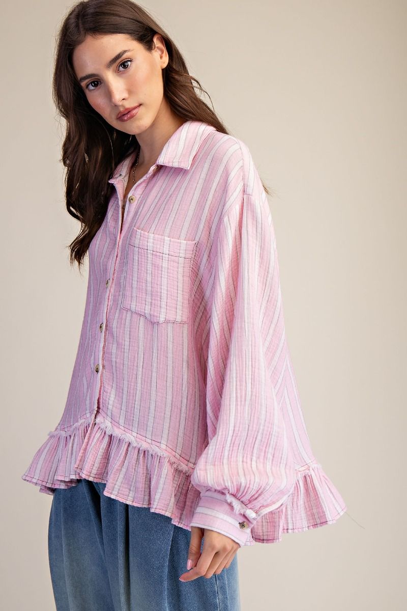 EASEL - Striped Cotton Gauze Ruffle Top (Pink Drink) *Final Sale*