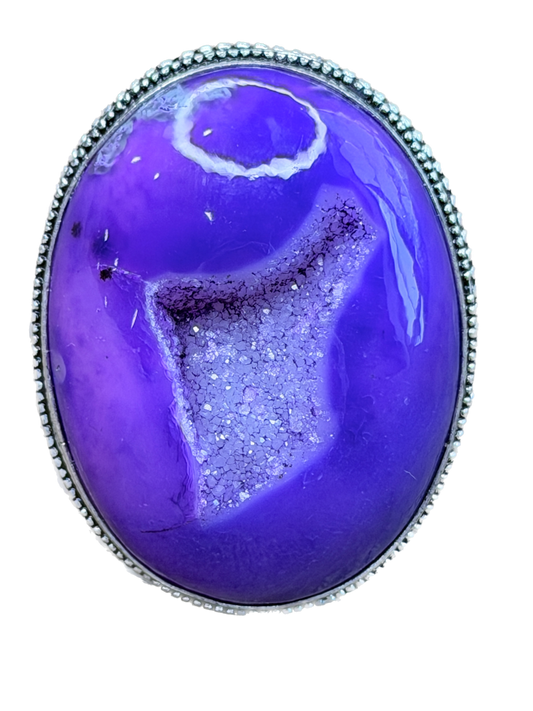 German Silver Druzy Purple Agate Oval Ring