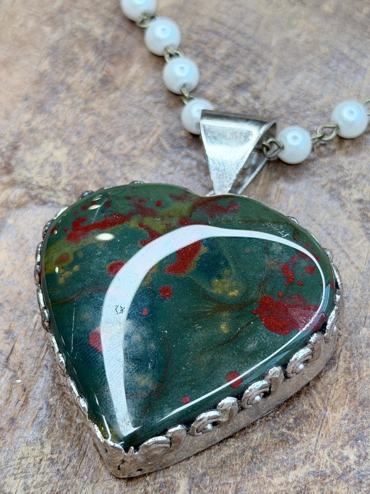 German Silver Bloodstone Heart Necklace