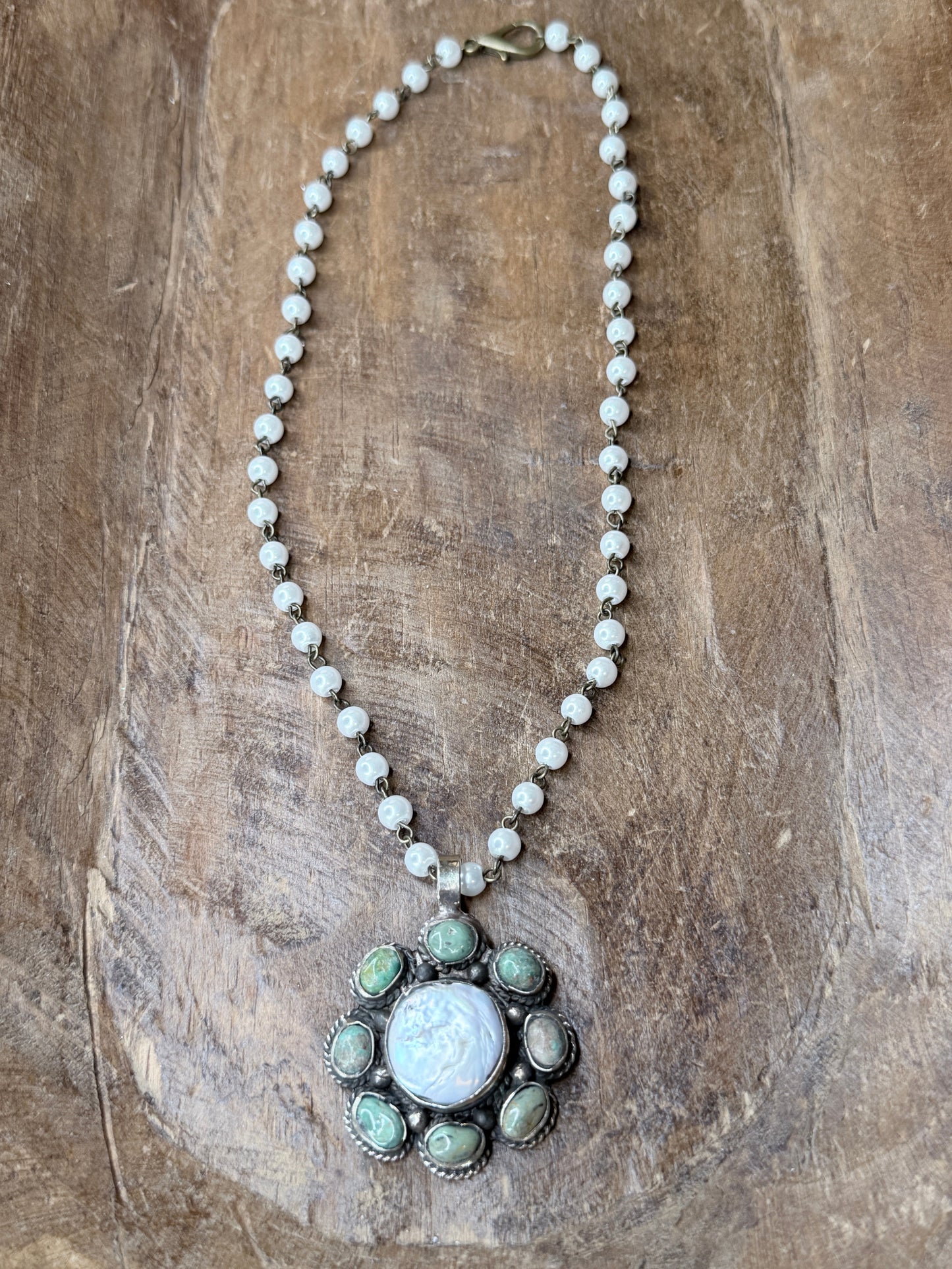 Tibetan Silver Dainty Turquoise and Pearl Flower Necklace
