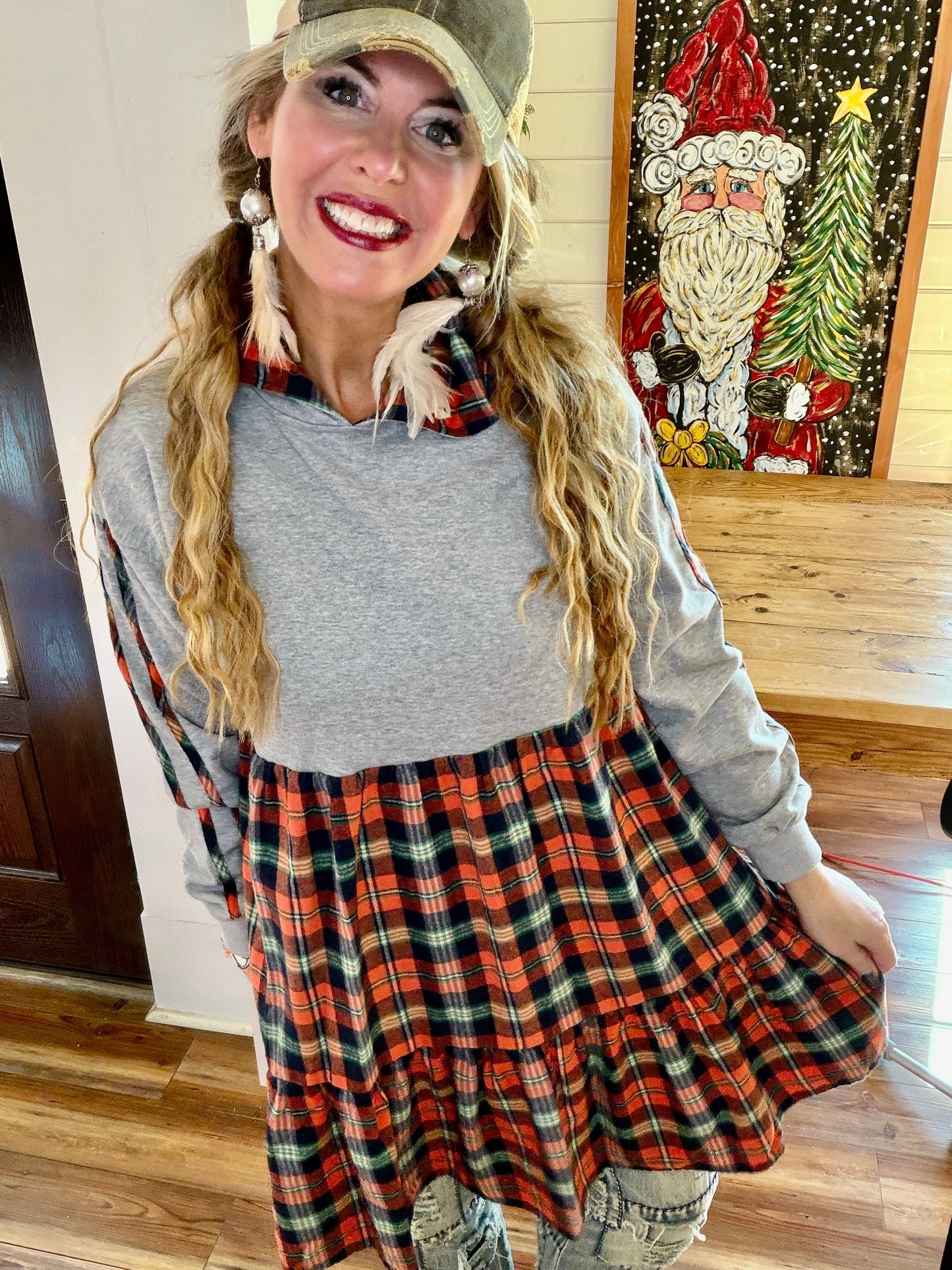 MITTOSHOP- Mixed Plaid Oversized Hoodie Dress (Orange/Blue) *Final Sale*