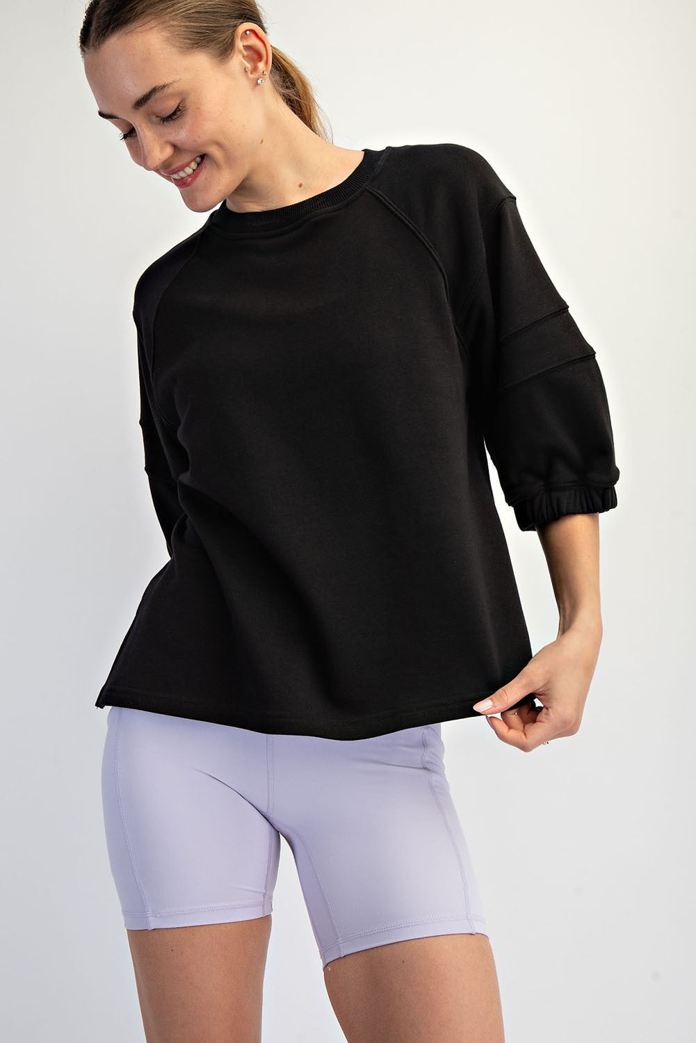 French Terry Bubbled Half Sleeve Top (Black)