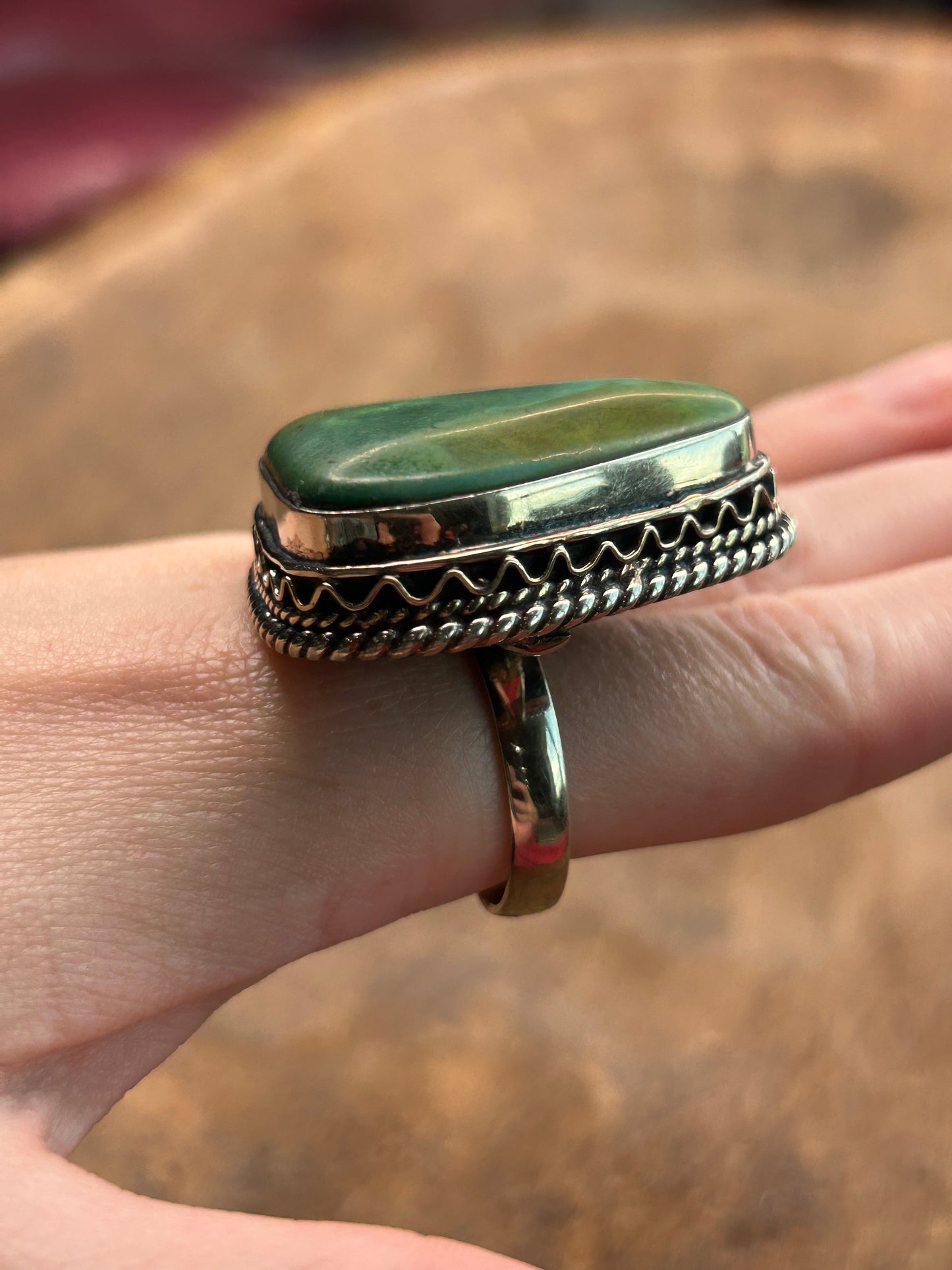 German Silver Green Trapezoid Turquoise Ring B