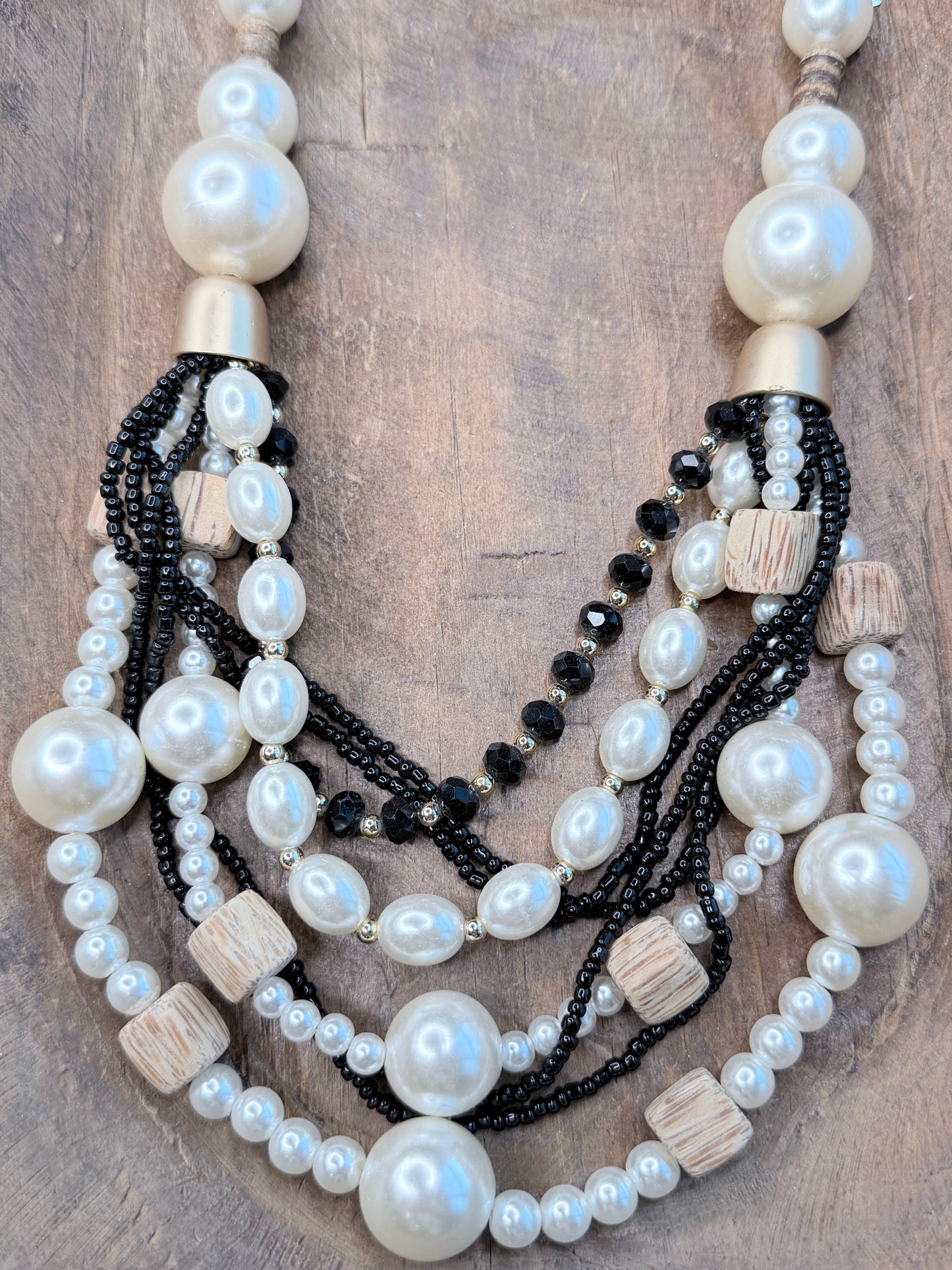 Long Layered Wood and Pearl Necklace