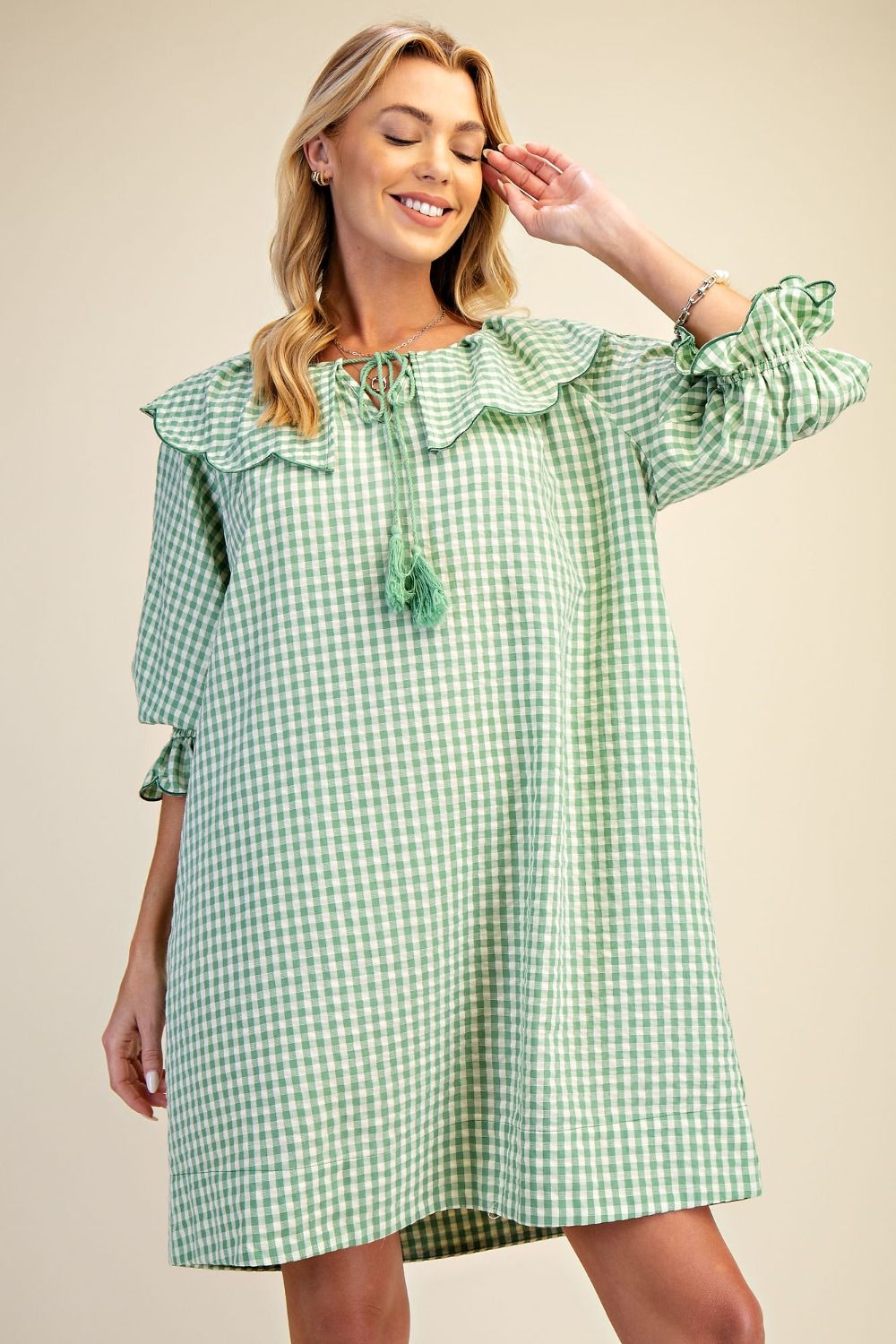FINAL SALE EASEL - Calyx Collar Gingham Seesucker Dress (Apple Green)
