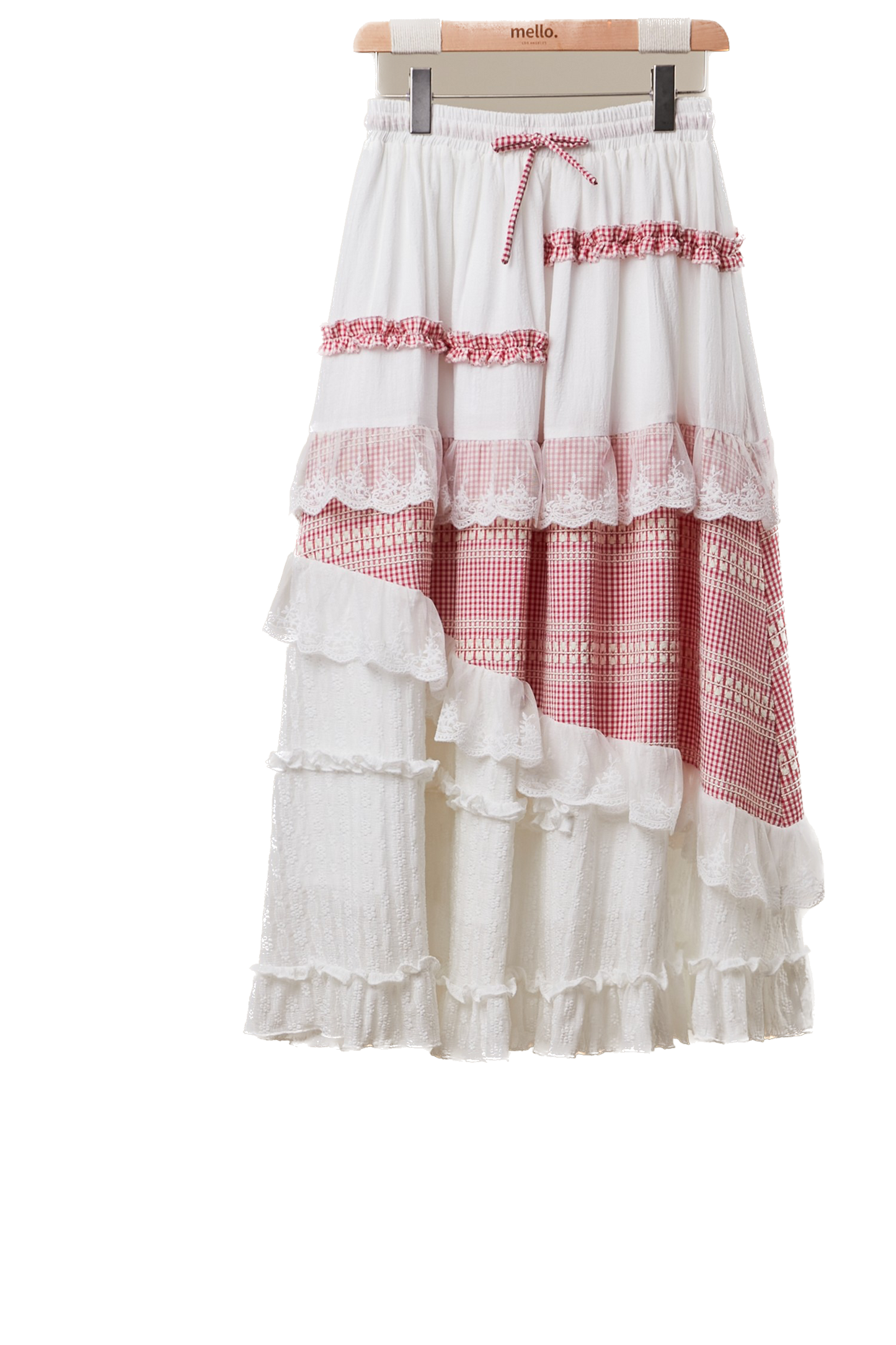 Mello- Gingham Lace Ruffle Skirt (Red)