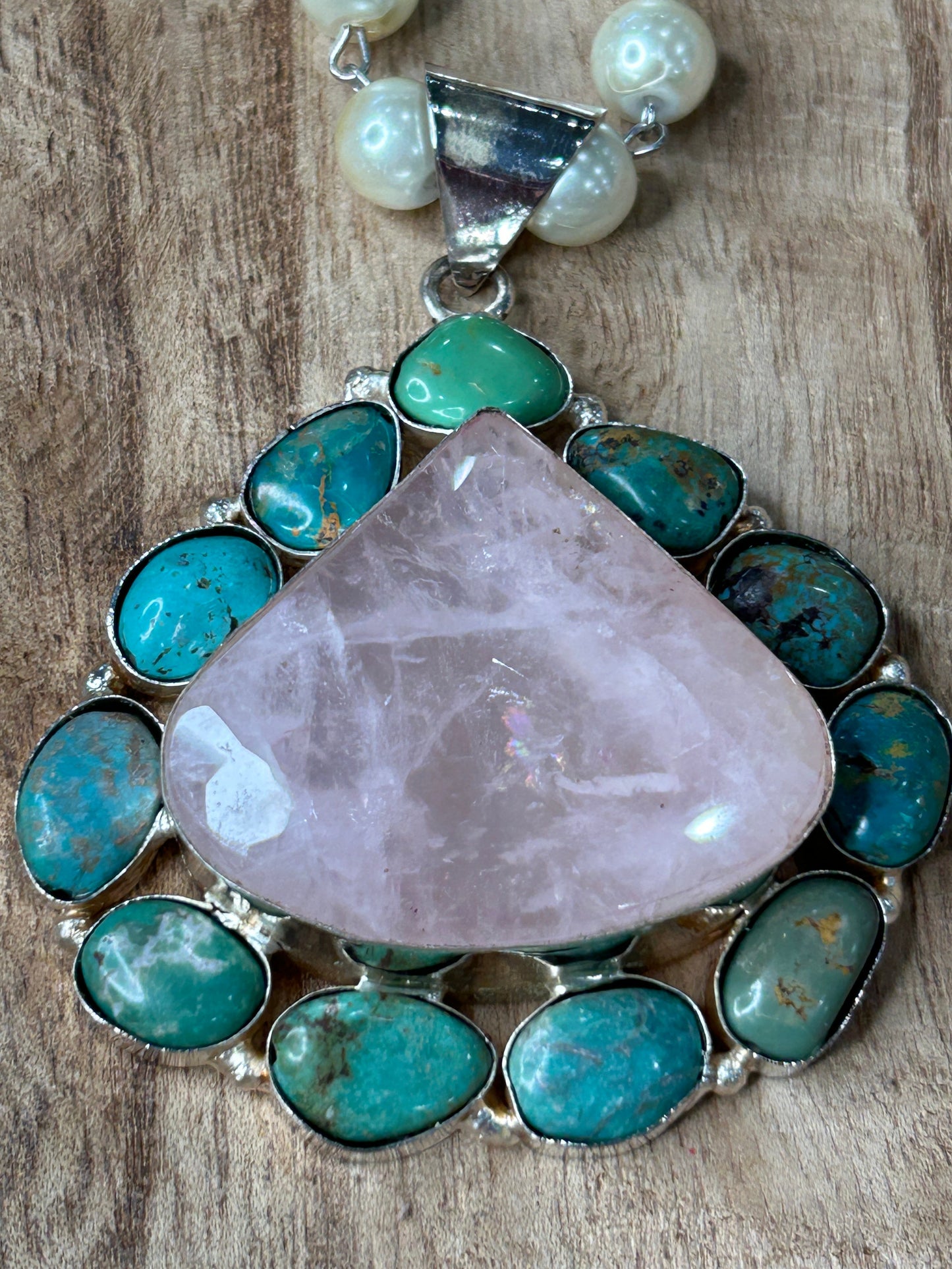 Rose Quartz and Turquoise Necklace on Pearl Chain