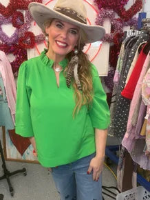 Jodifl- Quarter Sleeve Ruffle Collar Top (Kelly Green)