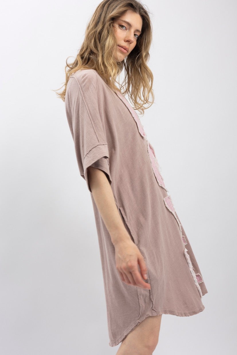 BlueVelvet- Love Lettering Patchwork Short Sleeve Dress (Mauve) *Final Sale*
