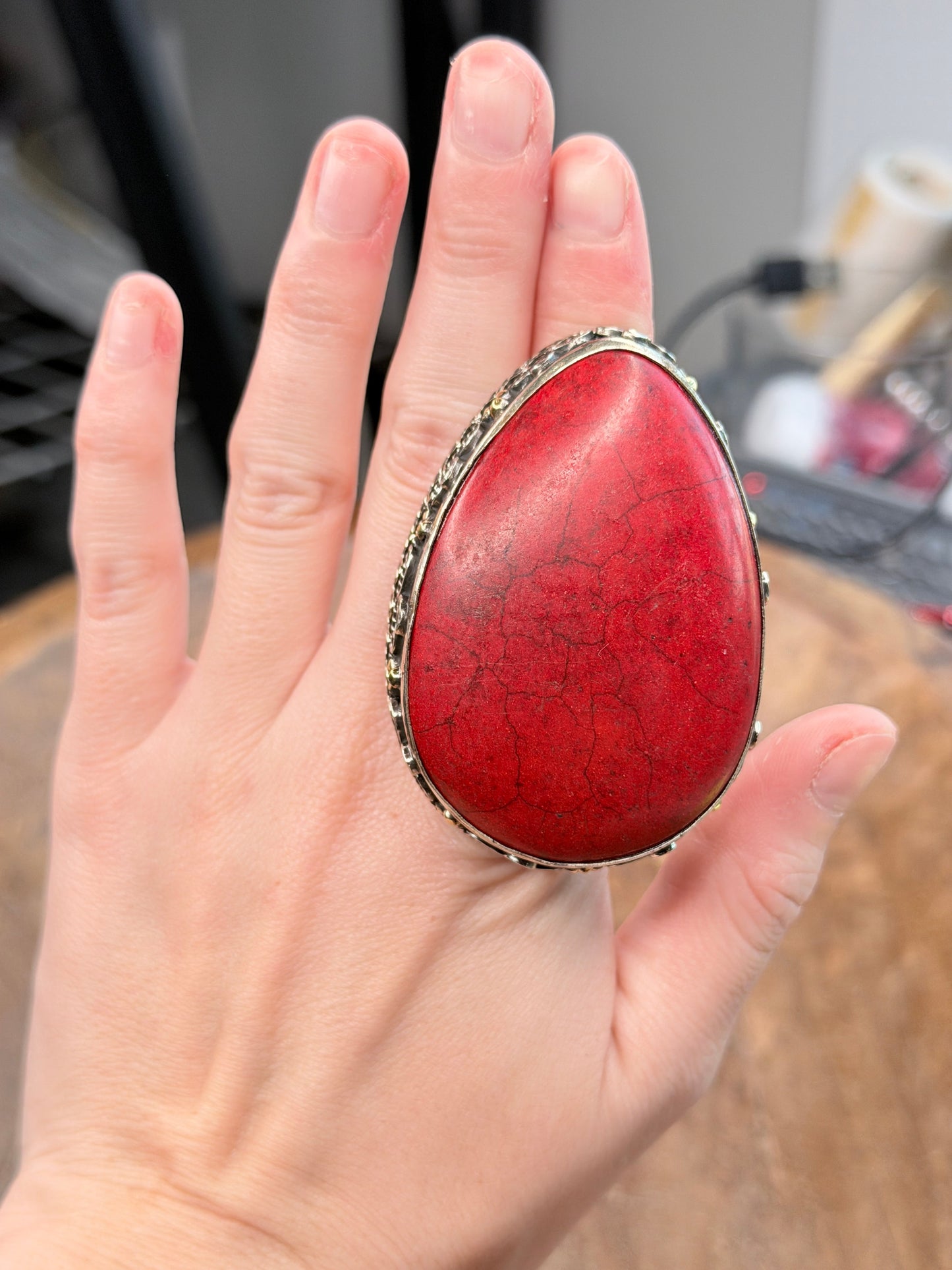German Silver Large Coral Teardrop Ring