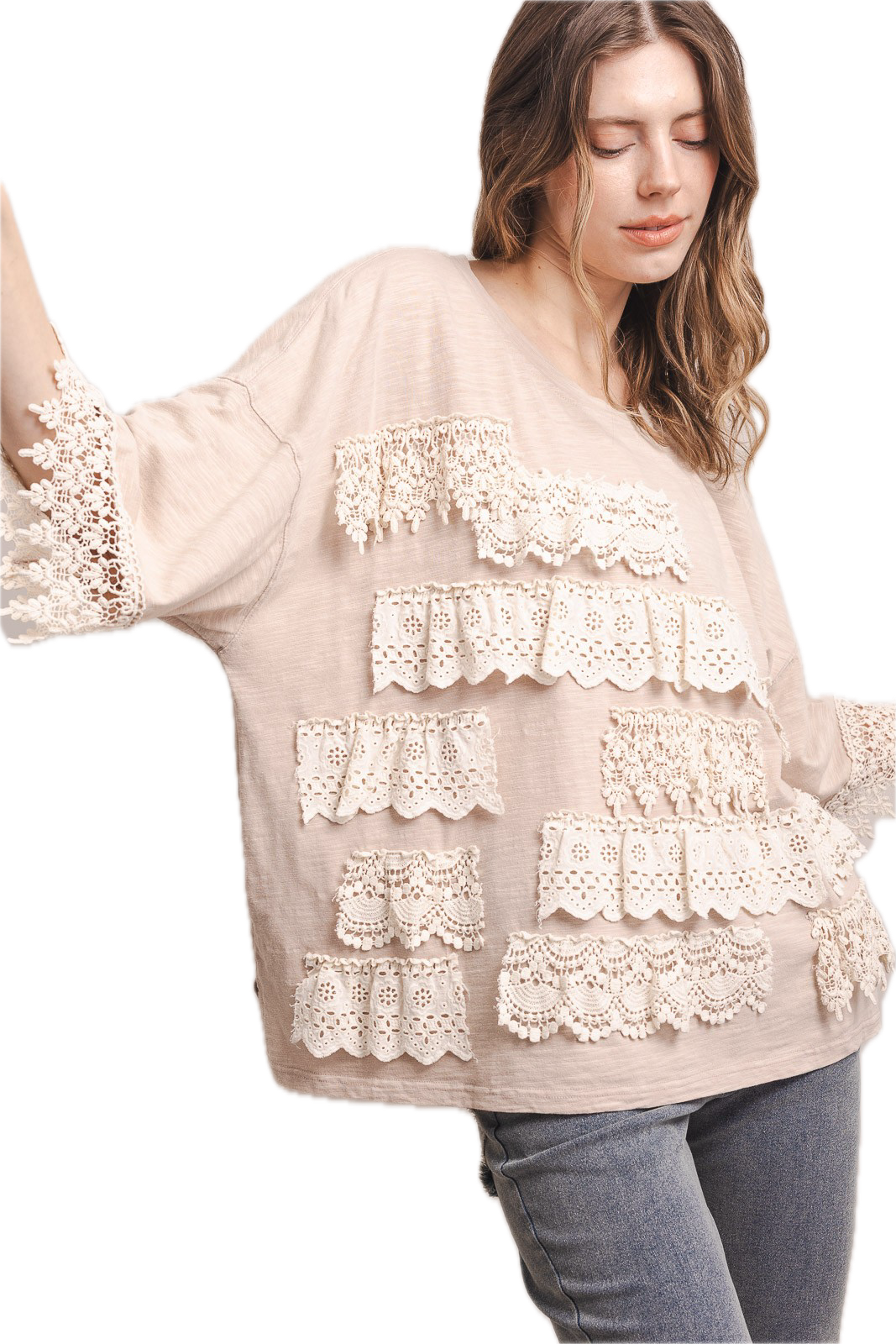 Blue Velvet- 3/4 Sleeve Crochet Work Shirt