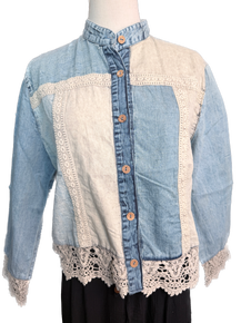 Boho Lace Trim Button-Down Top (Latte)