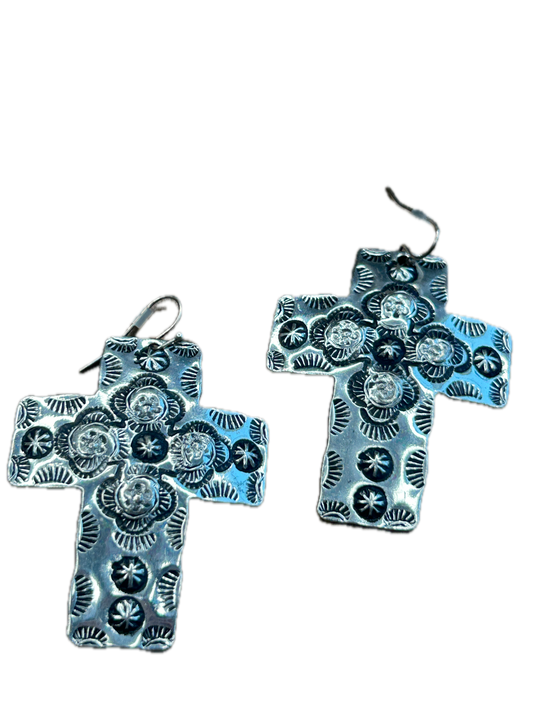 Textured Silver Cross Earrings