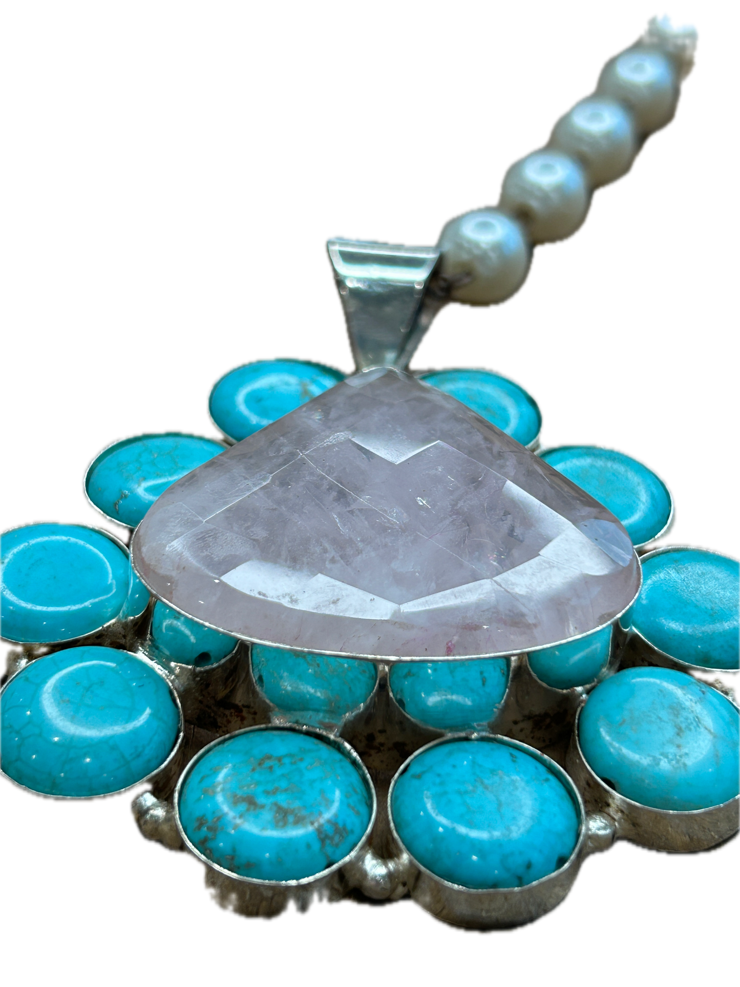German Silver Turquoise and Pink Quartz Necklace