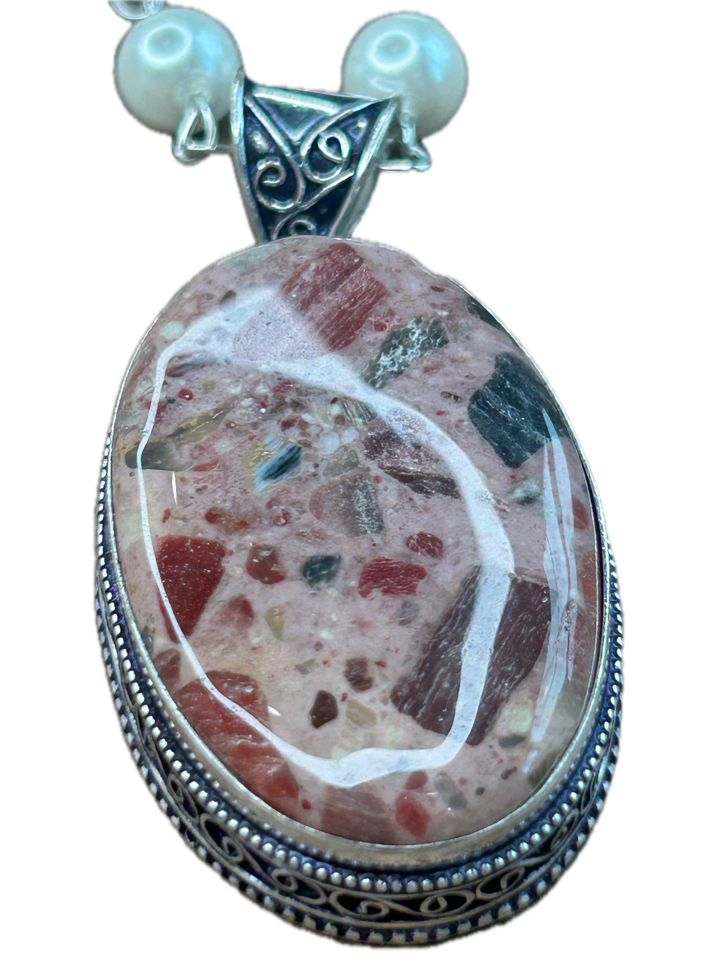 German Silver Chert Breccia Oval Necklace B