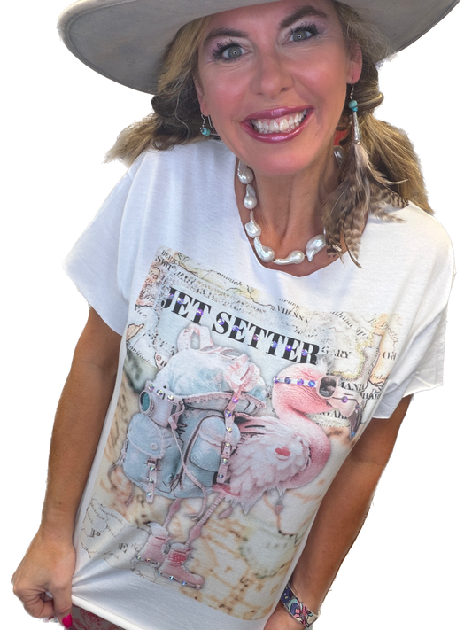Jet Setter Flamingo T-Shirt (Christy Cut) - Indigo Blue *Final Sale*