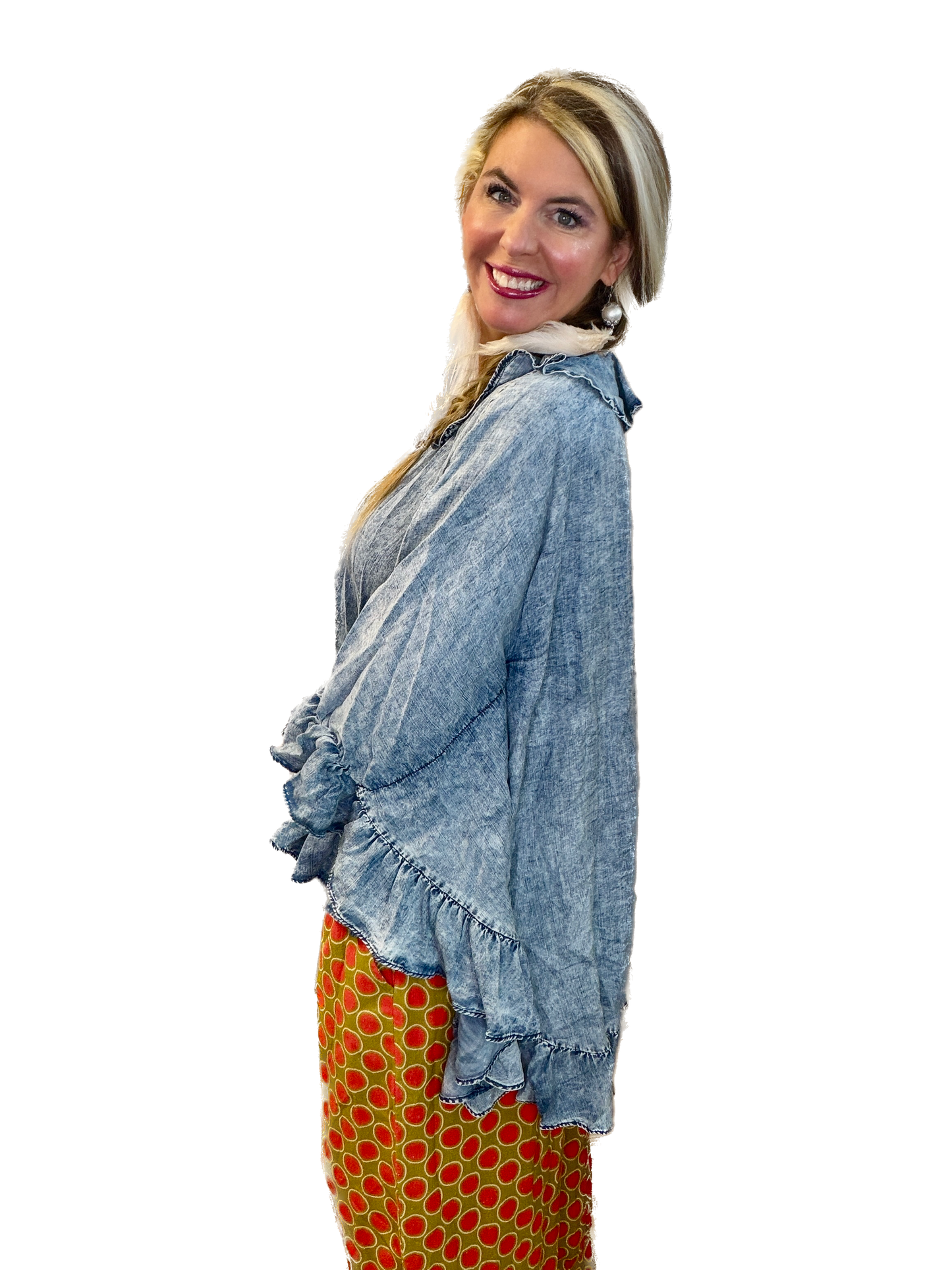 BlueVelvet- Chambray Ruffle Detail Poncho Top *Final Sale*