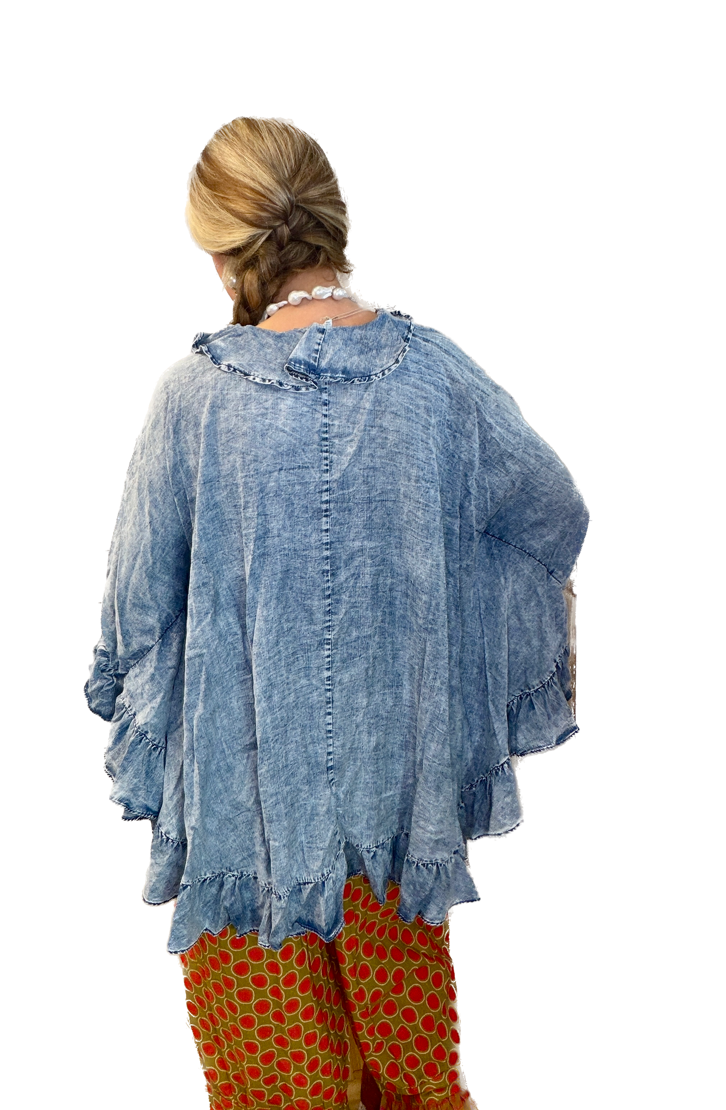 BlueVelvet- Chambray Ruffle Detail Poncho Top *Final Sale*