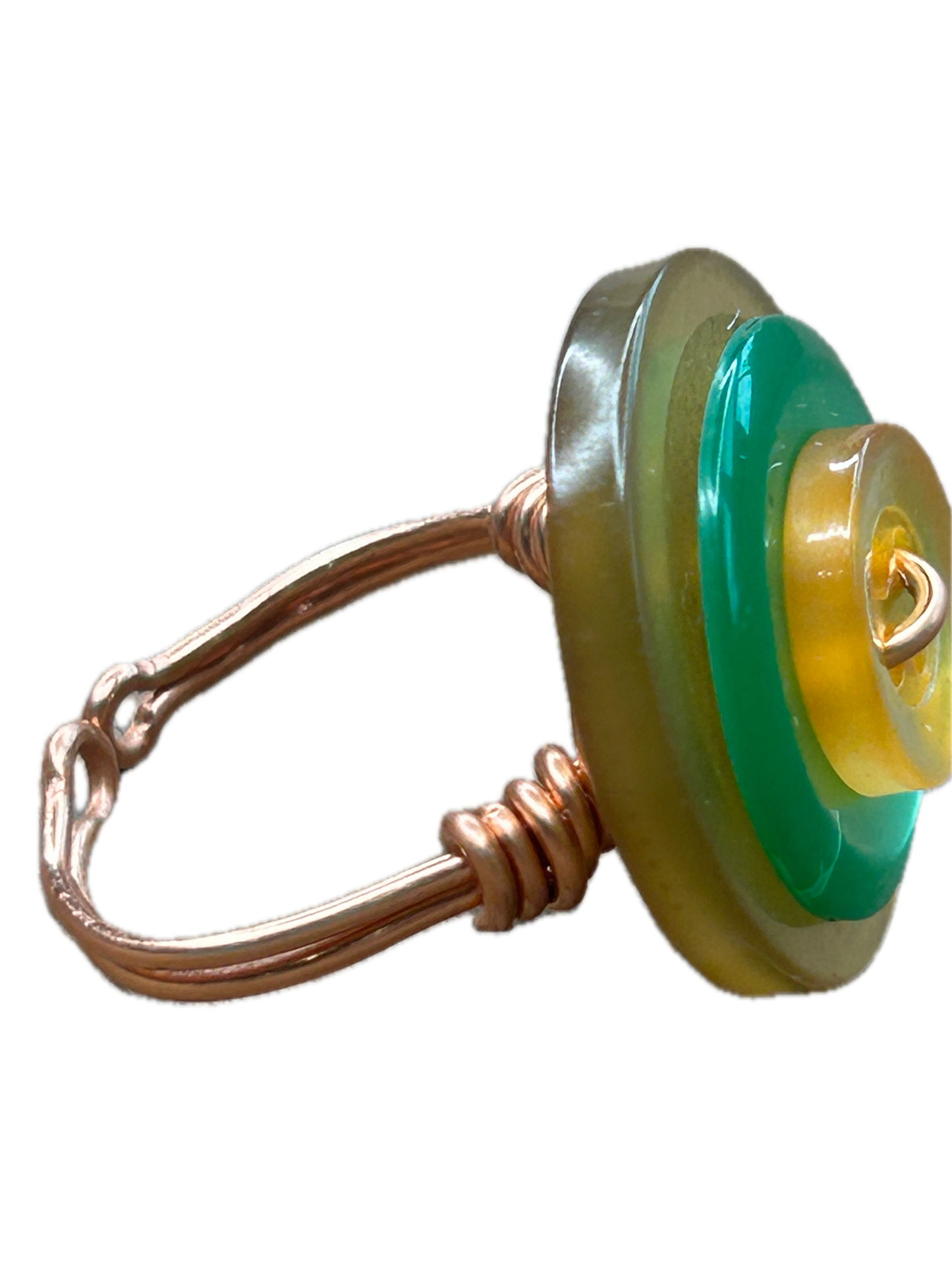 Vintage Button Wire Ring (Green and Gold)