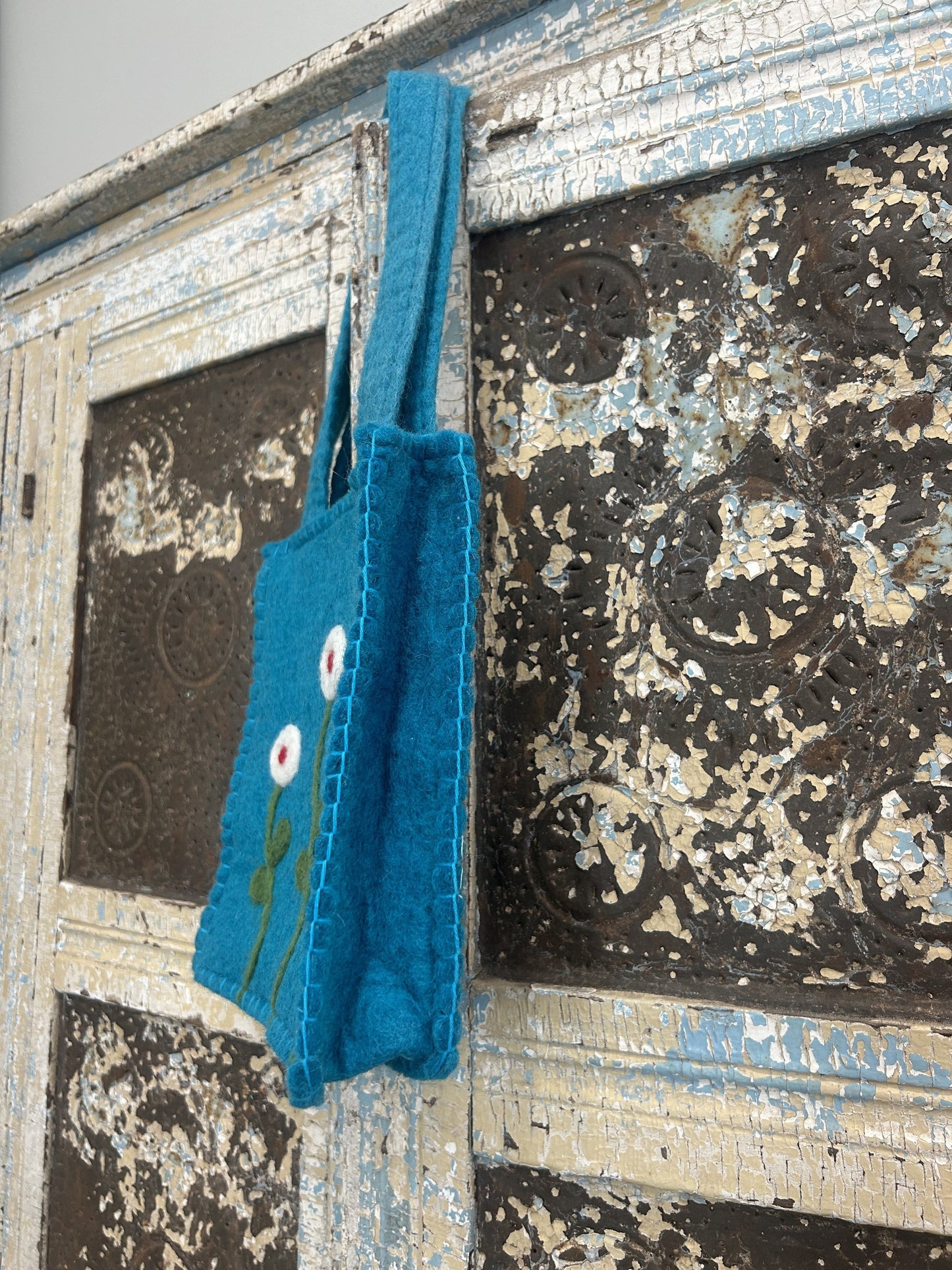 Felt Peacock Blue Purse with White and Red Flowers