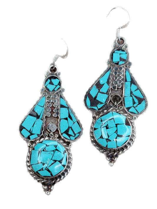 German Silver Blue Turquoise Chip Earrings