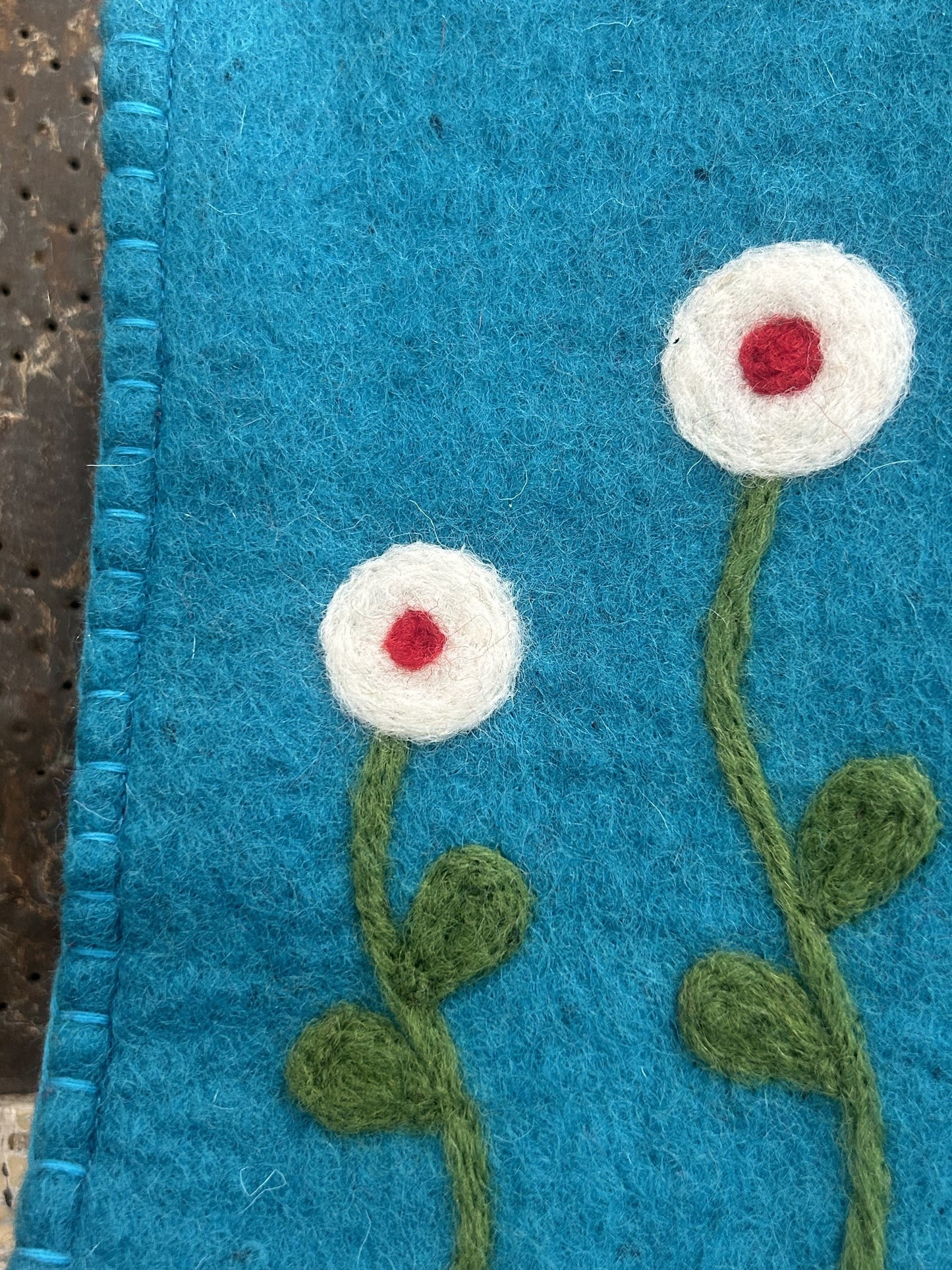 Felt Peacock Blue Purse with White and Red Flowers