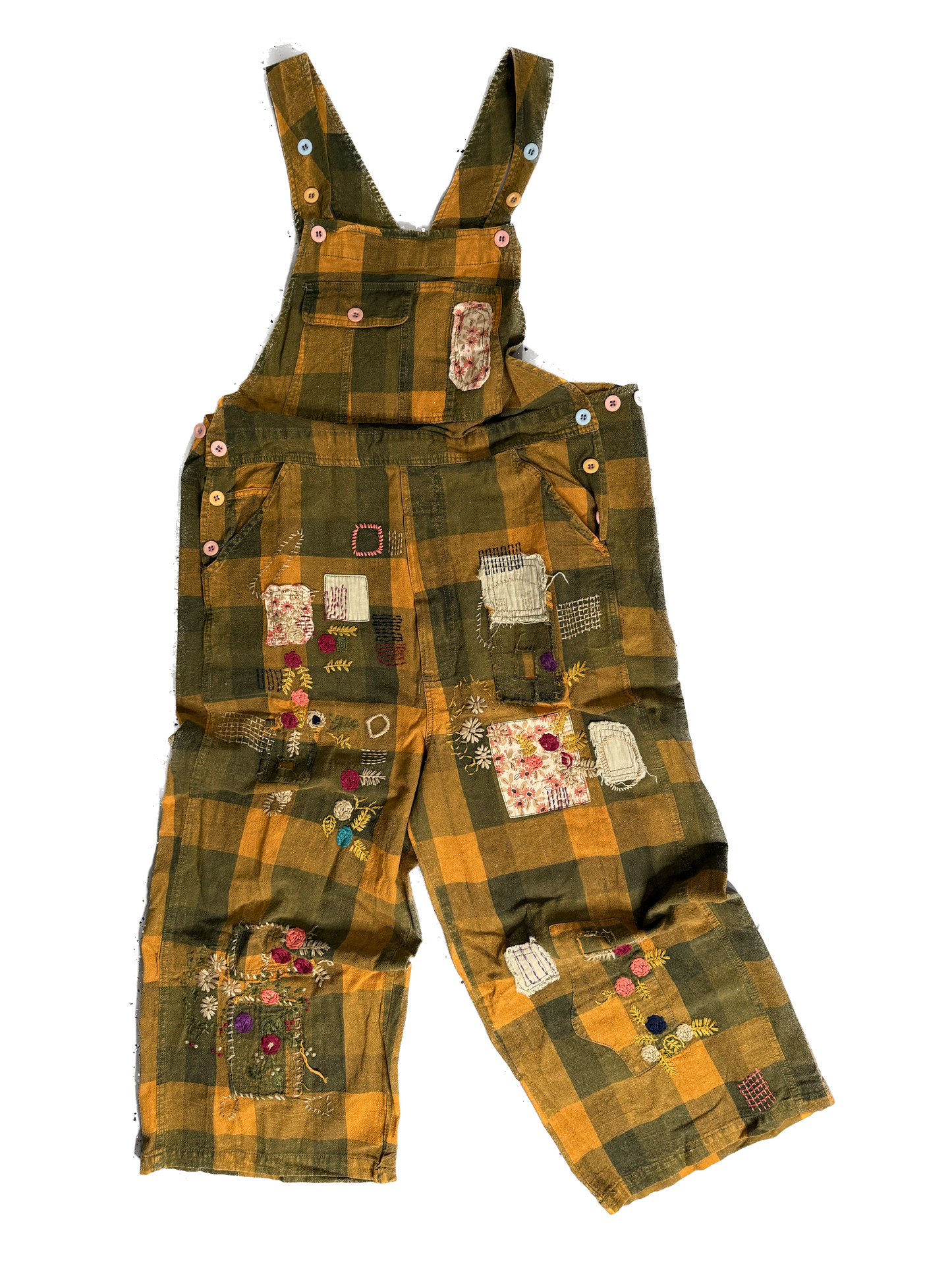 Bluevelvet- Flower Flannel Patchwork Overalls (Green/Yellow) *Final Sale*