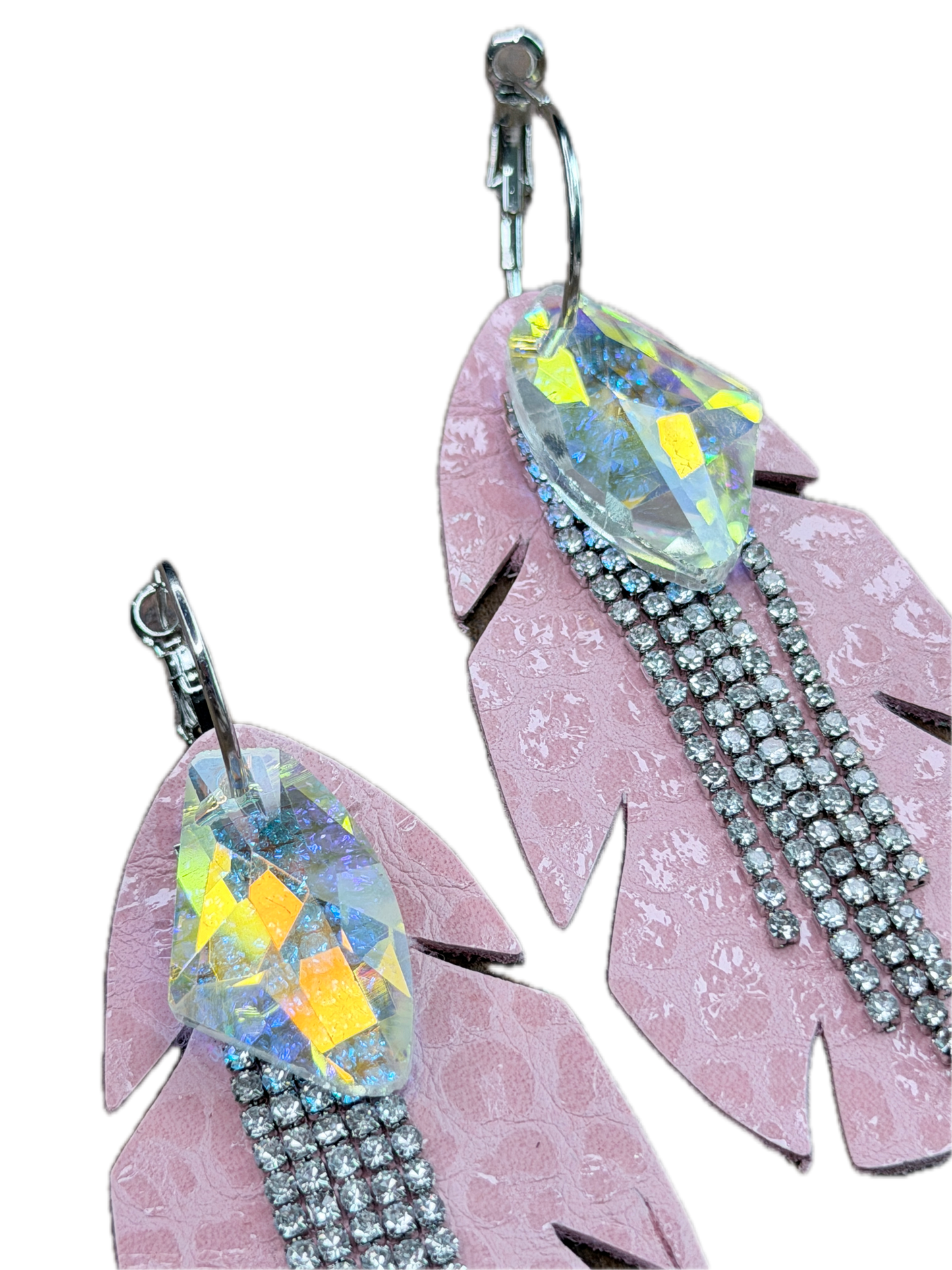 Rhinestone and Leather Feather Earrings (Light Pink)