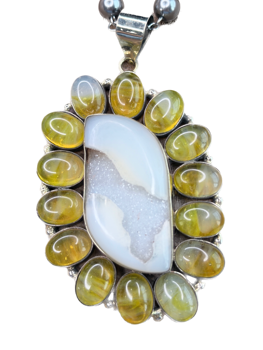 German Silver Citrine and Druzy Agate Necklace