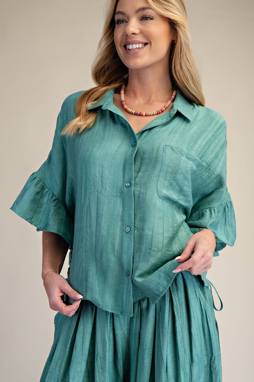 Easel- Textured Woven Button Top (Atlantis Green)
