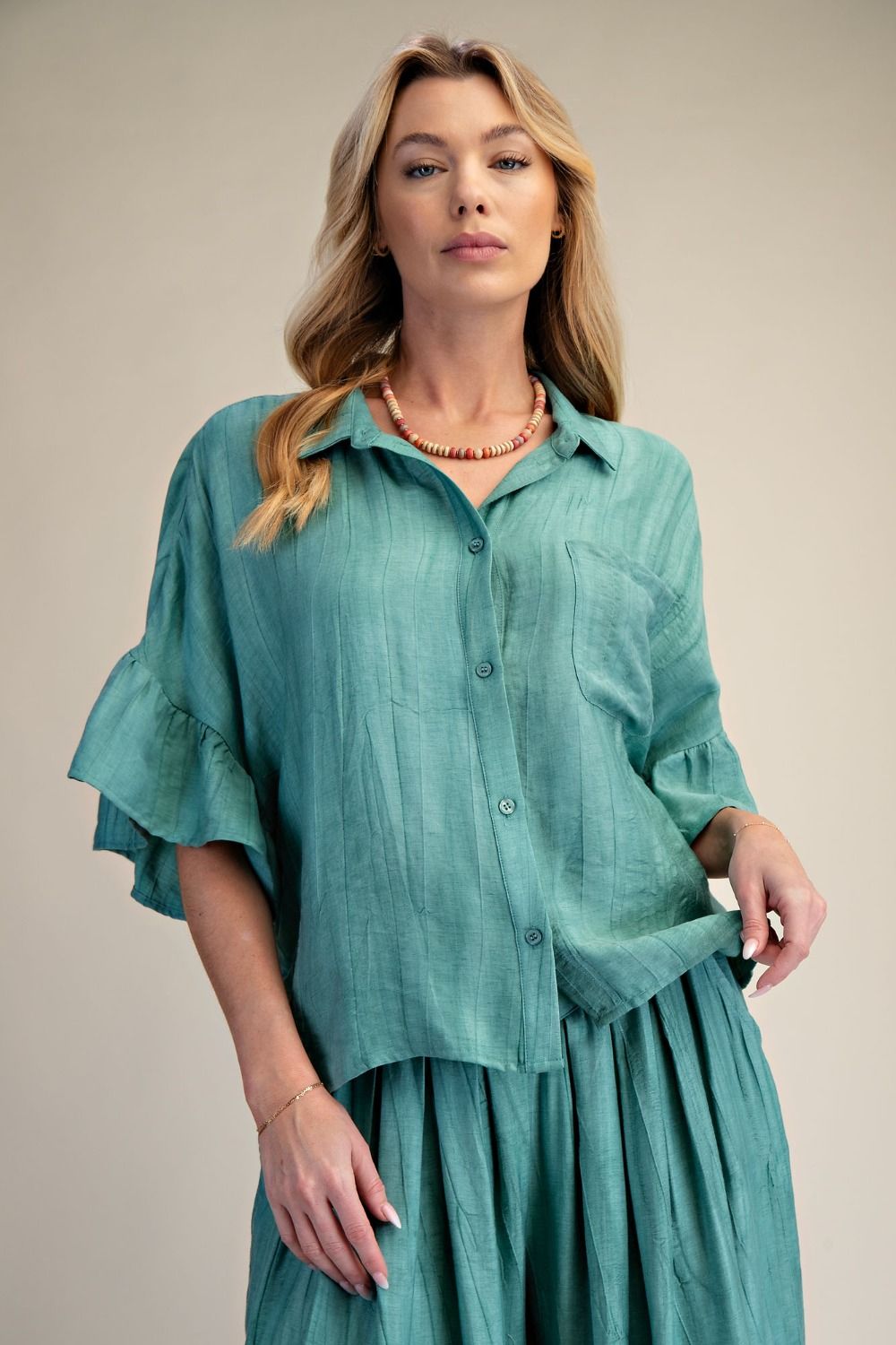 Easel- Textured Woven Button Top (Atlantis Green)