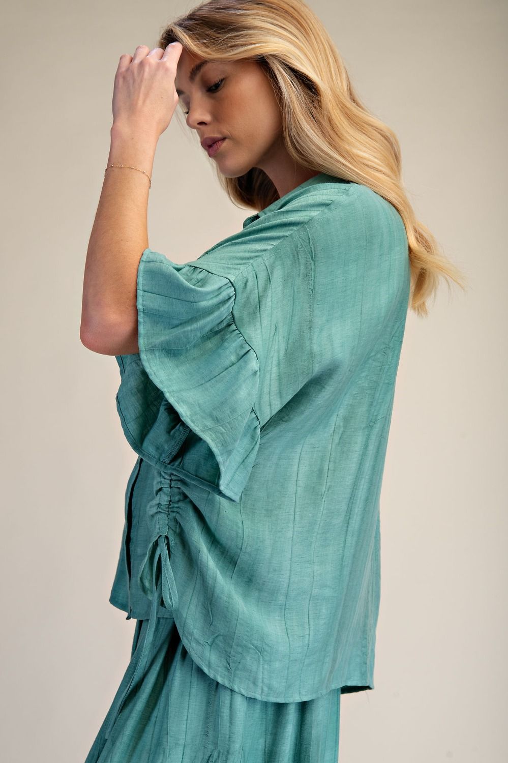 Easel- Textured Woven Button Top (Atlantis Green)