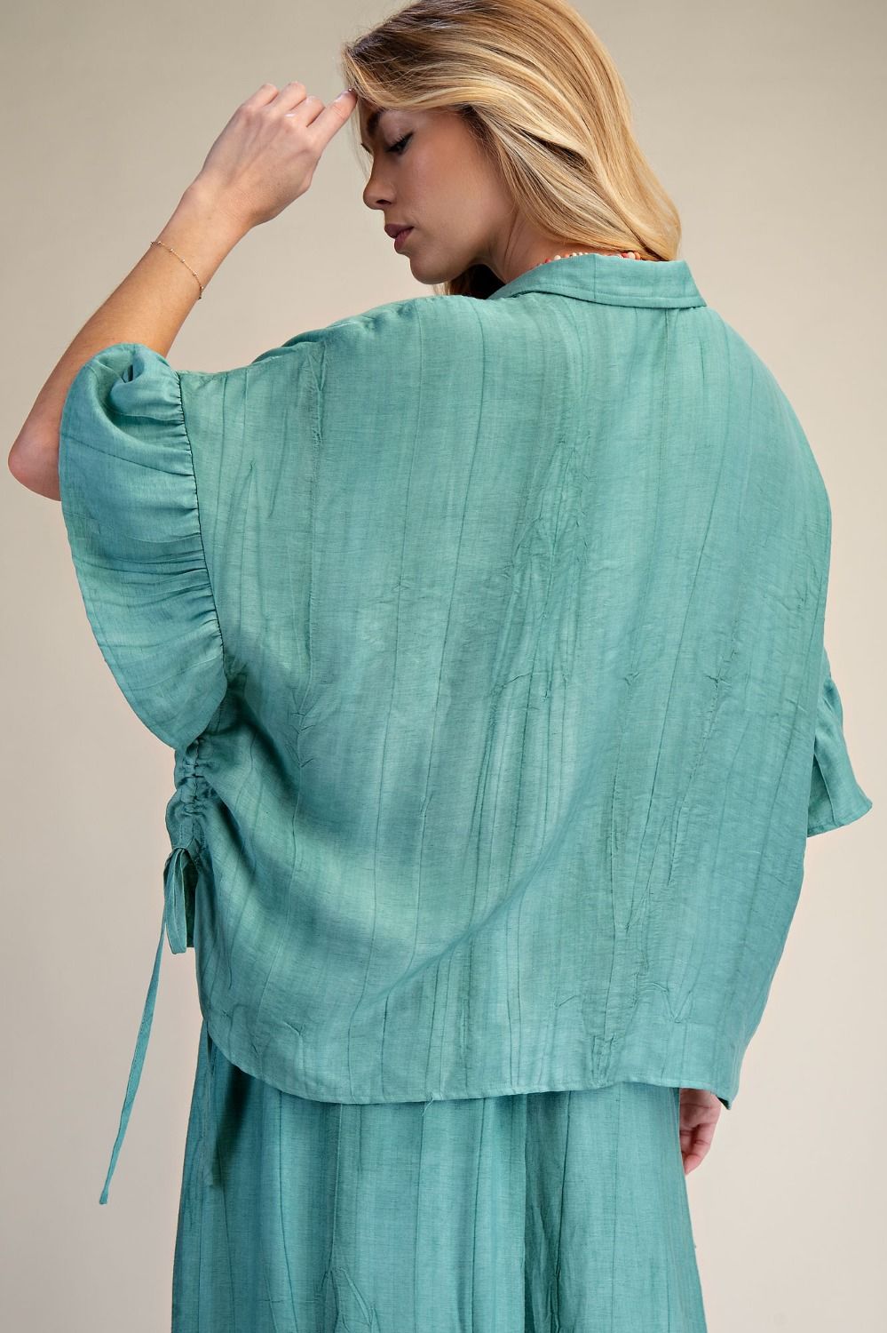 Easel- Textured Woven Button Top (Atlantis Green)