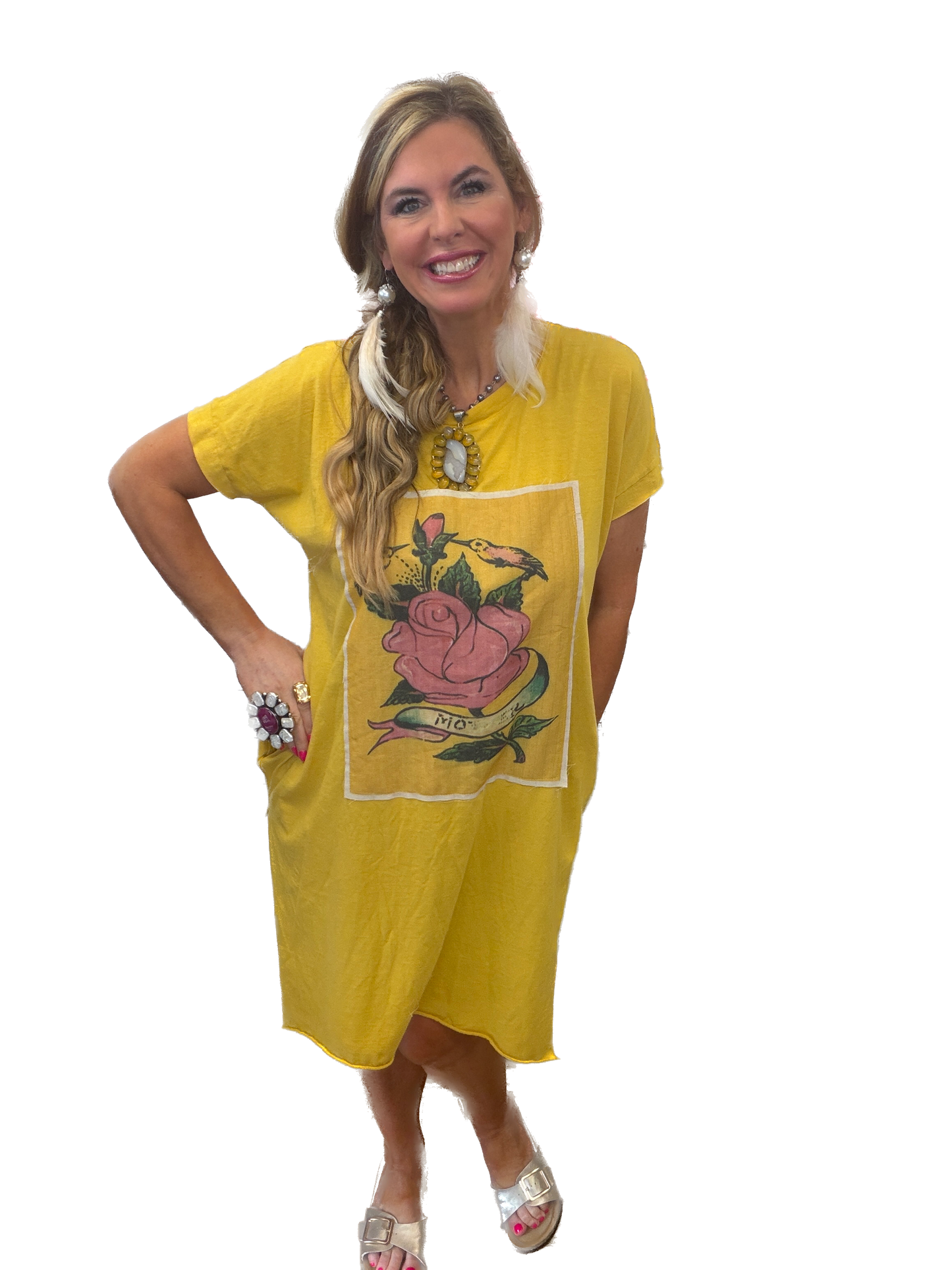 I Love Linen- Vintage Rose Print Dress (Mustard)