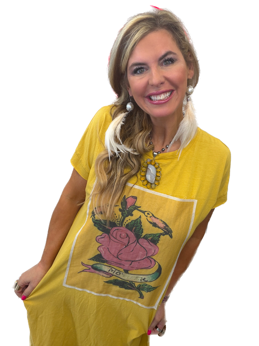 I Love Linen- Vintage Rose Print Dress (Mustard)