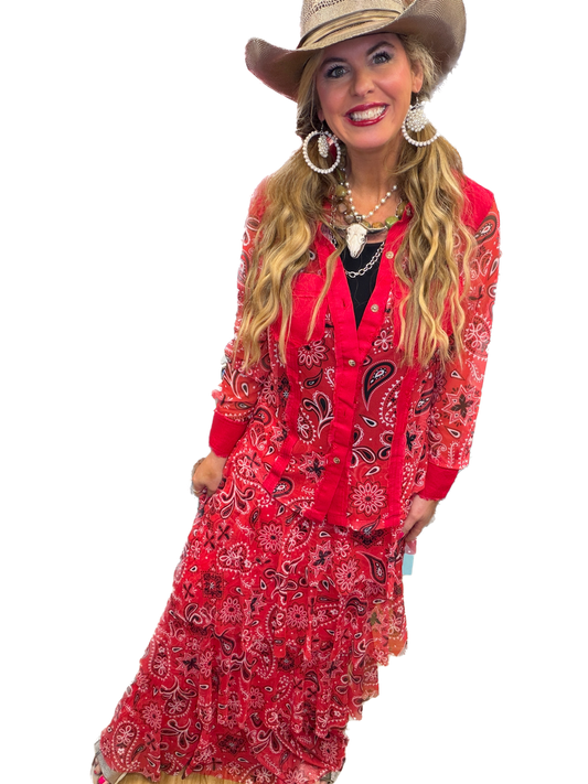 Mesh Bandana Print Tiered Maxi Skirt (Red)