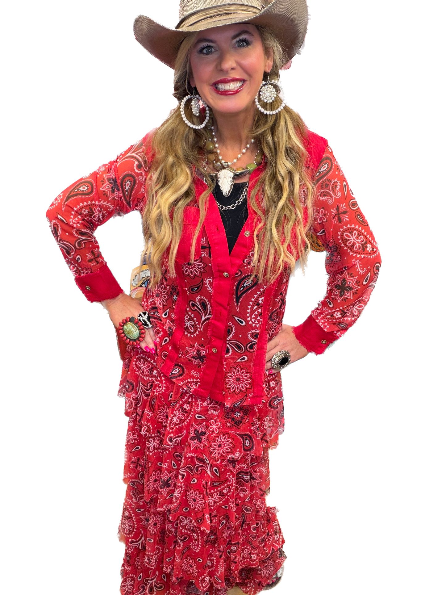 Mesh Bandana Print Tiered Maxi Skirt (Red)