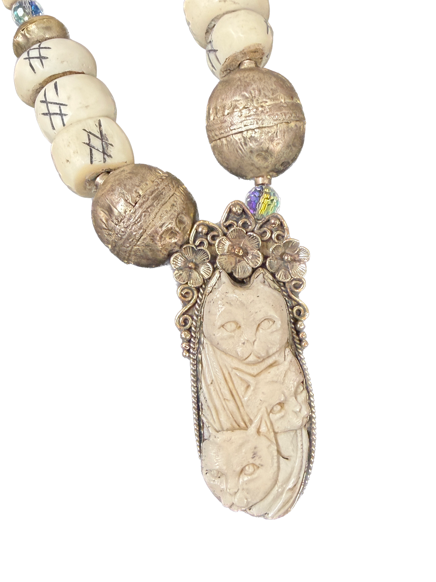 A Rare Bird- Tibetan Bone Carved Cat Necklace