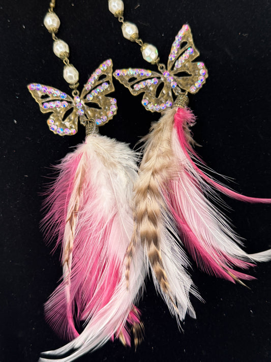 A Rare Bird- Pink Crystal and Feather Butterfly Earrings