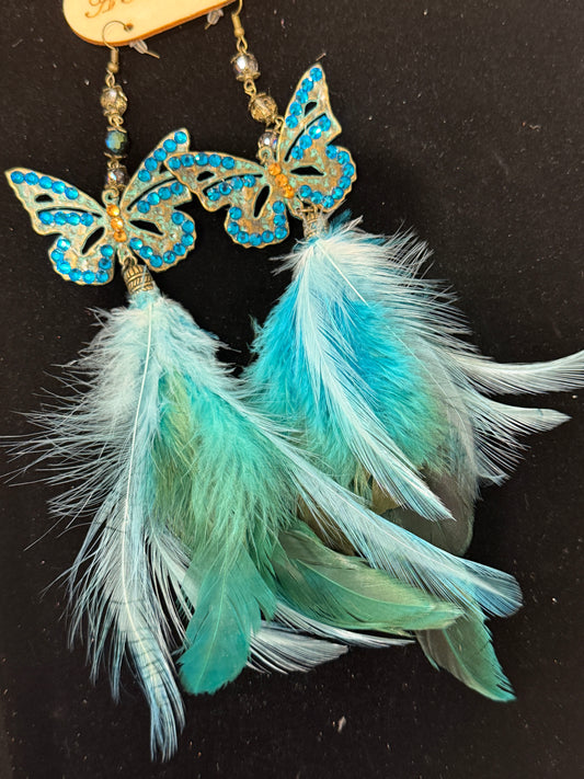 A Rare Bird- Blue Crystal and Feather Butterfly Earrings