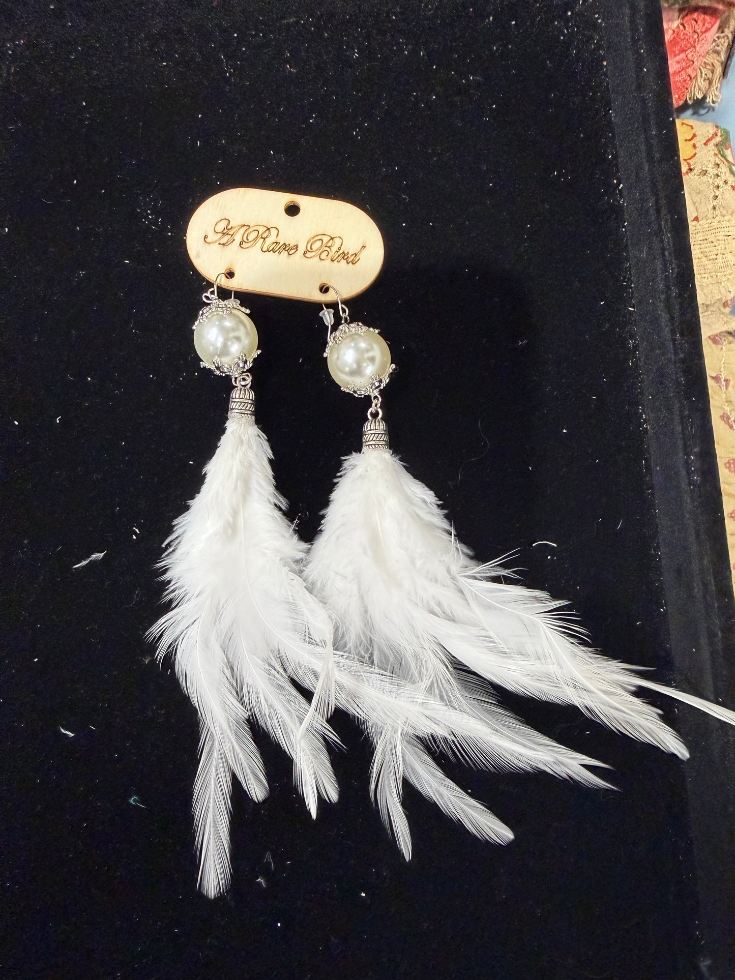 A Rare Bird- White Pearl and Feather Earrings (Long)