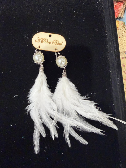 A Rare Bird- White Pearl and Feather Earrings (Long)