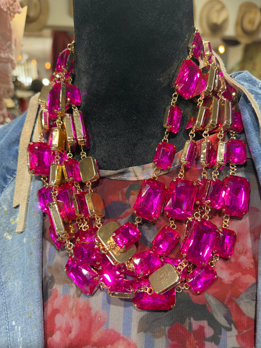 A Rare Bird - Vibrant Pink 5-Layer Rhinestone Necklace