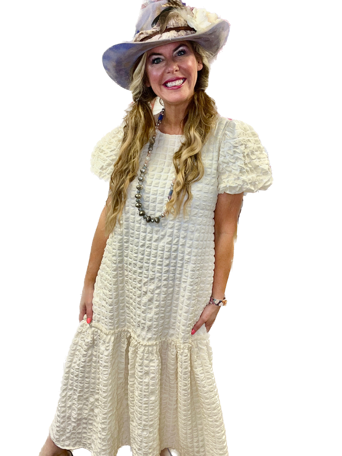 J.NNA- Embossed Textured Puff Sleeve Midi Dress (Cream)