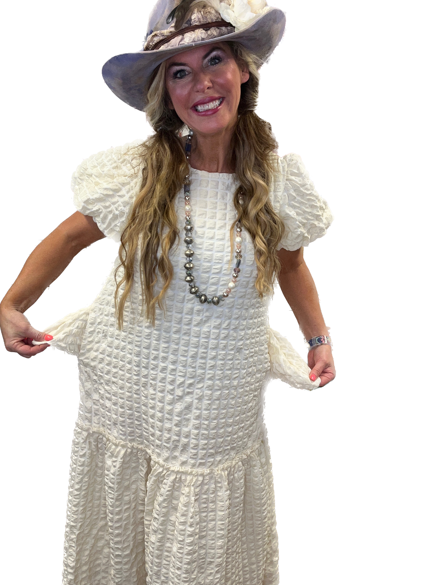 J.NNA- Embossed Textured Puff Sleeve Midi Dress (Cream)