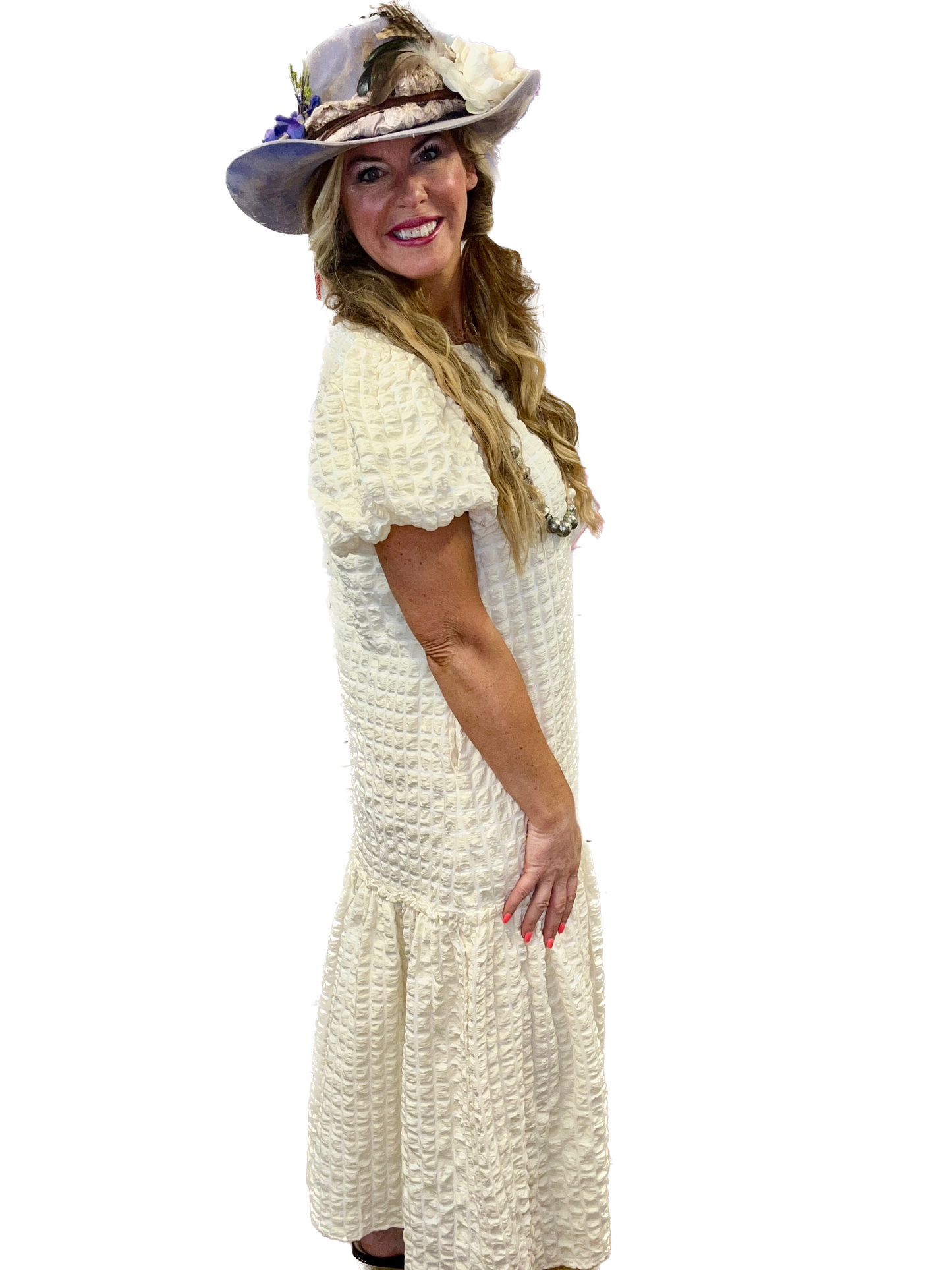 J.NNA- Embossed Textured Puff Sleeve Midi Dress (Cream)
