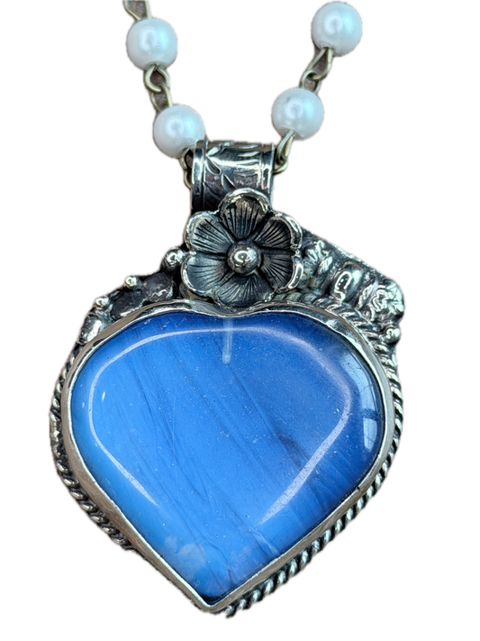 Tibetan Silver Blue Banded Agate Heart Necklace