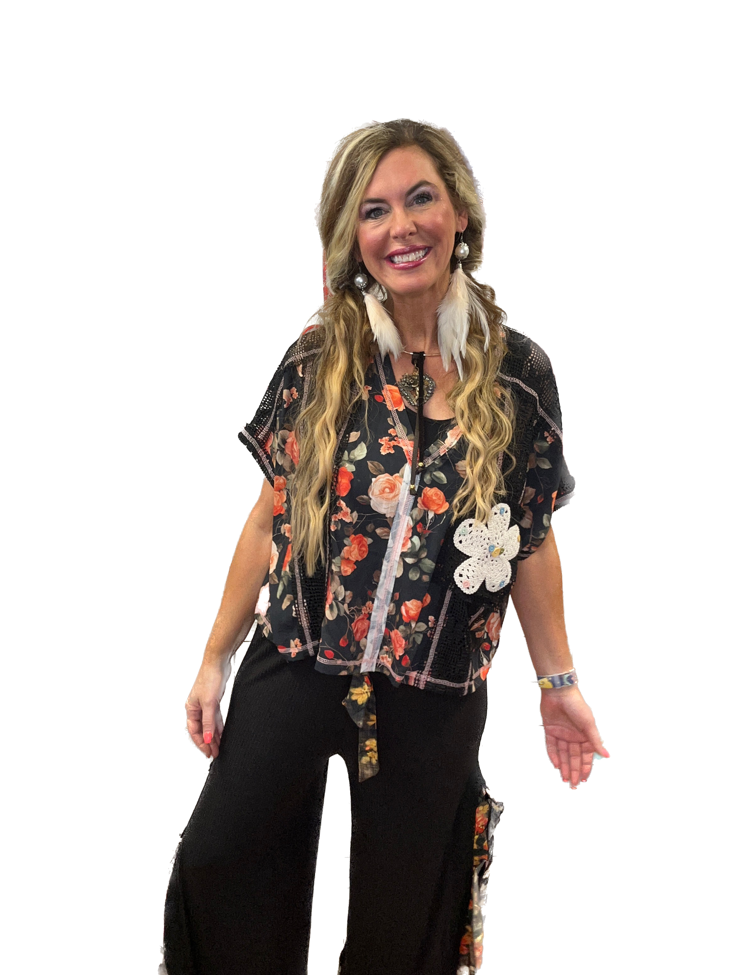 POL- Floral Accent Ruffled Ribbed Pants (Black)