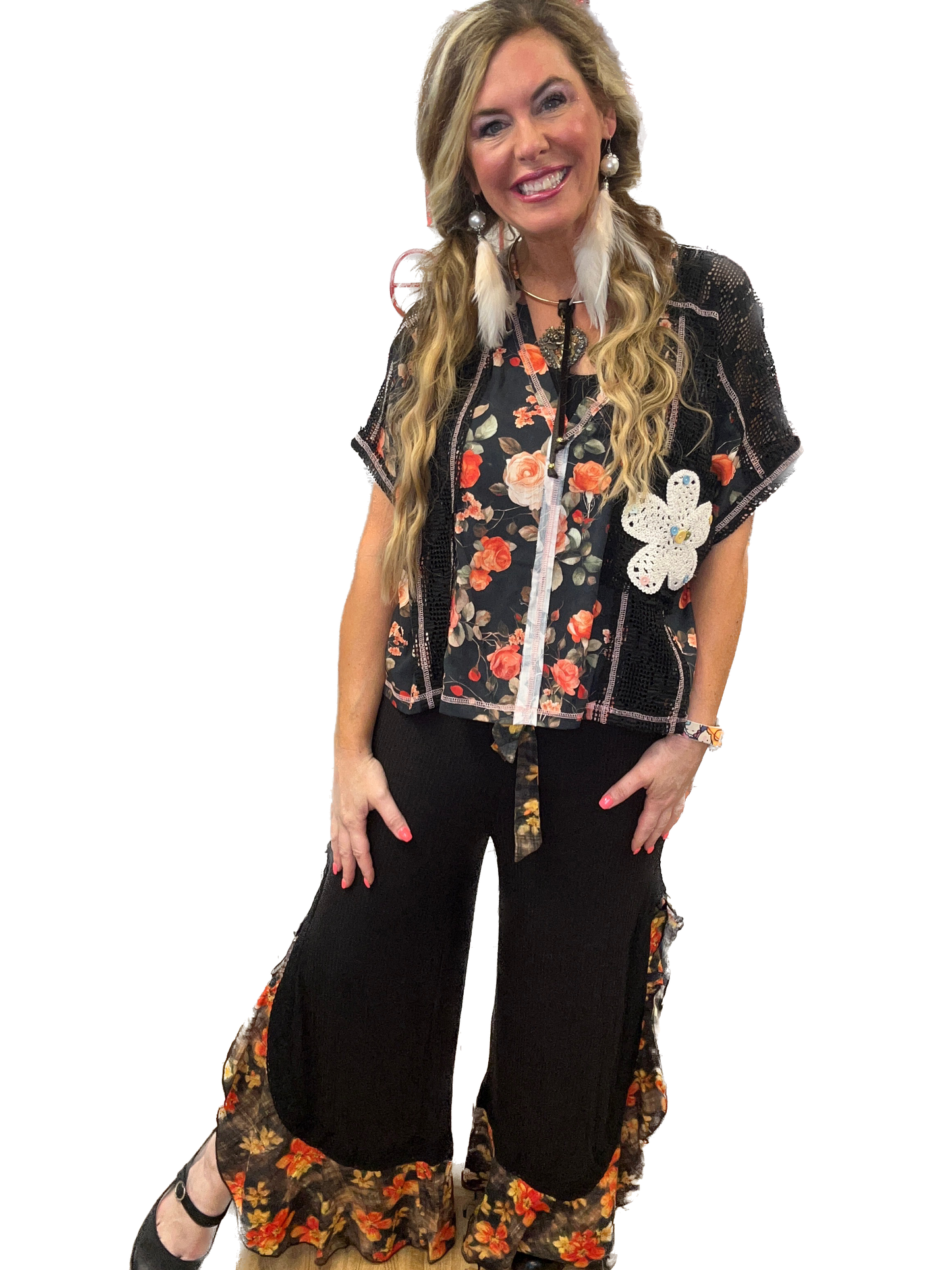 POL- V-Neck Crochet Patch Knit Top (Black/Floral)