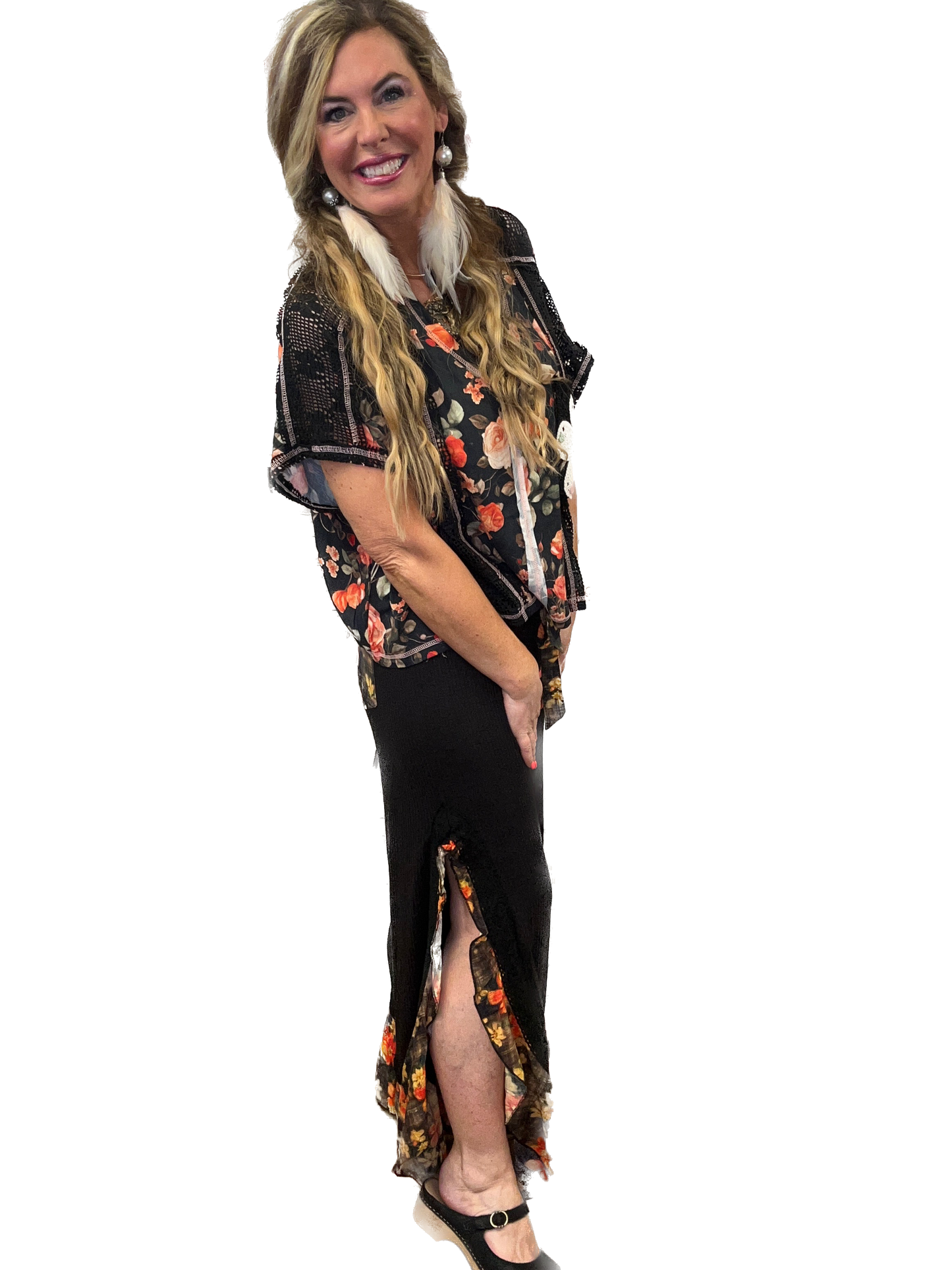 POL- Floral Accent Ruffled Ribbed Pants (Black)